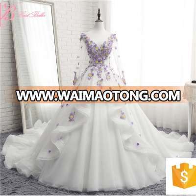 Alibaba Hot Cake Light Purple Long Sleeve Hand made 3D Flowers Floral Bridal Gown Luxury Heavy Beading Wedding Dress 2017